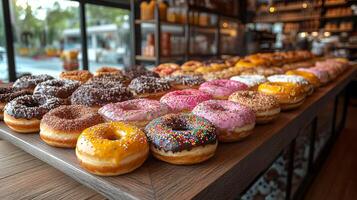 A variety of donuts arranged neatly on a wooden table in a cafe. The afternoon sun illuminates the colorful treats, making them look irresistible and inviting to customers. photo