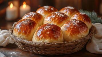 Soft, fluffy bread rolls with a golden crust are arranged in a woven basket. The warm glow from candles enhances the inviting atmosphere of this cozy setting. Perfect for sharing. photo