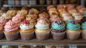 A bakery showcases an array of cupcakes lined neatly on a wooden shelf. Each cupcake features vibrant frosting in various colors and decorations, enticing customers with their sweet appeal. photo