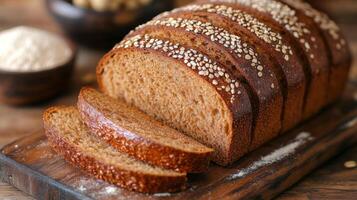 A loaf of whole grain bread sits on a wooden board, sliced into several pieces. The top is adorned with oats, showcasing its freshly baked texture and color. photo