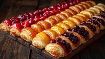 A display of assorted fruit pastries is arranged on a wooden tray. The vibrant colors of cherry, apricot, and blueberry toppings attract attention in this warm bakery atmosphere. photo