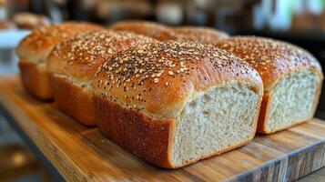 Soft bread loaves topped with sesame seeds are neatly arranged on a wooden board. The warm light fills the bakery, creating a welcoming atmosphere for visitors. photo