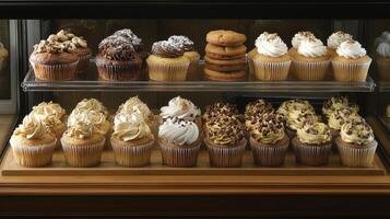 A vibrant display features assorted cupcakes topped with frosting and sprinkles, alongside freshly baked cookies. The selection includes rich flavors, enticing customers. photo
