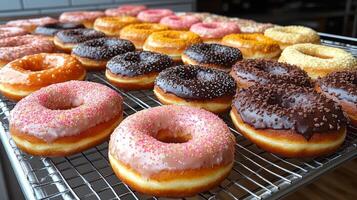 Freshly baked donuts are arranged neatly on a cooling rack in a bakery. They come in various flavors and colors, showcasing a tempting selection for morning indulgence. photo