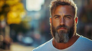 A man with a well-groomed beard stands confidently in an urban setting during golden hour. The warm light enhances his striking features as he gazes forward. photo