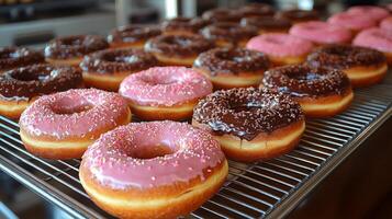 Freshly baked donuts line a metal cooling rack, showcasing a variety of colorful toppings including chocolate and pink frosting. The bakery atmosphere is warm and inviting. photo