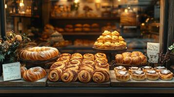 A bakery window showcases an array of freshly baked goods, including cinnamon rolls, flaky pastries, and sweet treats. The warm lights create an inviting atmosphere. photo