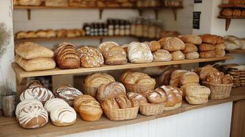 A variety of artisanal bread loaves are arranged on wooden shelves in a bakery. The cozy atmosphere invites customers to explore the fresh, warm offerings. photo