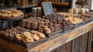 A vibrant selection of cookies is showcased on wooden platters in a warm, inviting bakery. Customers enjoy the array of flavors and textures while savoring the delightful atmosphere. photo