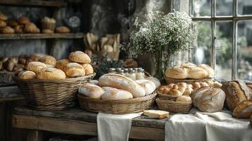 Baskets filled with an assortment of fresh bread sit on a wooden table in a quaint bakery. Natural light pours through the window, highlighting the warm, crusty loaves. photo