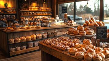 Warm light fills a charming bakery filled with an array of freshly baked pastries on wooden tables. Customers can enjoy a variety of sweet treats and bread, creating a cozy atmosphere. photo