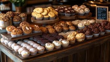 A colorful assortment of freshly baked cupcakes and cookies fills the wooden display in a cozy bakery, enticing visitors with their delightful appearance and rich flavors. photo