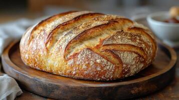 A perfectly baked artisanal loaf featuring a golden crust and unique scoring sits on a wooden platter. The warm ambiance and soft lighting enhance the bread's appetizing appeal. photo