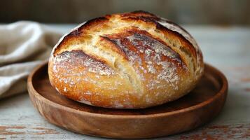 A golden brown sourdough loaf with a crispy crust sits on a wooden plate in a rustic kitchen. A soft linen cloth is nearby, enhancing the cozy atmosphere of home baking. photo