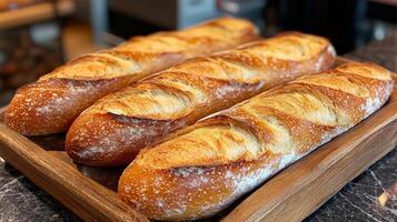 Three golden-brown artisan bread loaves are arranged neatly on a wooden tray inside a cozy bakery. The loaves have a crispy crust and are invitingly fresh. photo