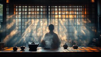 Rays of sunlight illuminate a serene room as a person sits quietly at a table, preparing tea amid swirling steam and shadows. The atmosphere is calm and reflective. photo