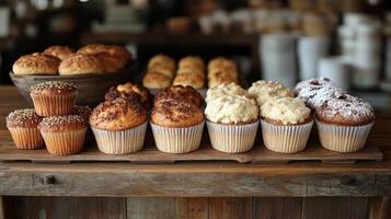 Various muffins and cupcakes lined up on a wooden board in a bakery, showcasing different flavors and textures in a warm, inviting atmosphere. photo