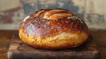 Round sourdough bread with a crispy crust sits on a wooden cutting board. The warm, golden tones and rustic background create an inviting kitchen atmosphere. photo