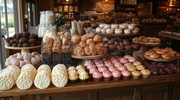 Colorful display of various baked goods including cupcakes, cookies, and pastries arranged neatly on wooden tables inside a cozy bakery filled with delicious aromas. photo