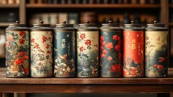 A collection of vintage tea canisters displayed on a wooden table, featuring intricate floral patterns and a warm atmosphere. The soft lighting enhances the elegant designs. photo