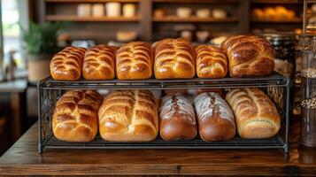 A variety of golden-brown bread loaves are showcased on a wire rack in a warm and inviting bakery. The atmosphere hints at an early morning setting with fresh aromas. photo