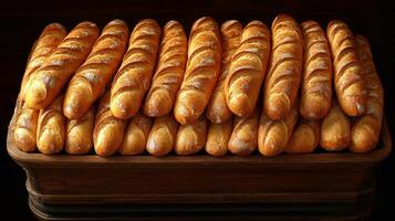 Golden-brown bread loaves are stacked in perfect rows, showcasing their crusty texture and warm appearance. The setting hints at a cozy bakery filled with delicious scents. photo