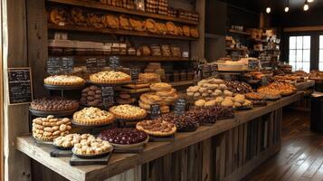 A bakery showcases an array of desserts, including cookies, pies, and pastries. The inviting interior features wooden decor and a cozy atmosphere, appealing to dessert lovers. photo