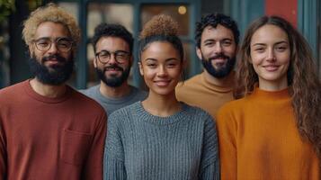 Five friends with diverse appearances create a cheerful atmosphere while posing together outside a cafe. They showcase friendly smiles and relaxed vibes in a warm, inviting location. photo