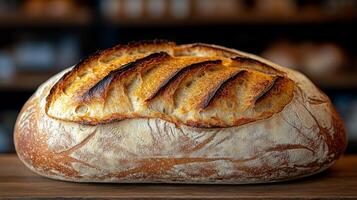 A large loaf of artisan bread rests on a wooden surface, displaying a golden-brown crust with distinct slashes. The inviting aroma of freshly baked bread fills the air. photo