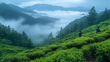 Workers carefully collect tea leaves in a serene mountain landscape. Mist envelops the lush green fields, creating a tranquil atmosphere typical of early morning hours. photo