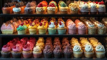 A tempting selection of beautifully decorated cupcakes lines the shelves of a bakery. Each row features distinct flavors and vibrant colors, appealing to all dessert lovers. photo
