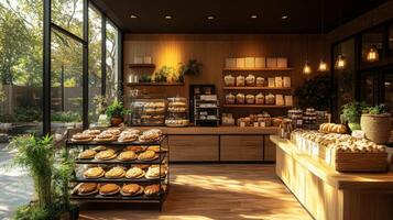 Delightful bakery showcases an array of freshly baked pastries and bread on display. Sunlight streams through large windows, enhancing the warm atmosphere. photo