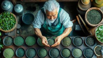 An elderly artisan carefully inspects different types of tea leaves arranged in bowls. The workshop is filled with vibrant green hues and natural light, showcasing the beauty of tea craftsmanship. photo