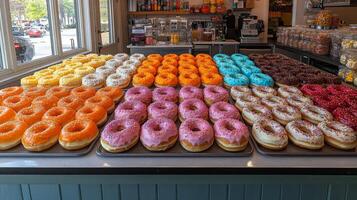 An array of vibrant donuts in different colors and flavors is artfully arranged in a bakery. Customers enjoy the lively atmosphere filled with sweet treats. photo