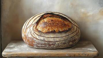 A beautifully shaped loaf of sourdough bread sits on a weathered wooden board. Its crust is golden brown and crispy, displaying intricate scoring patterns. photo