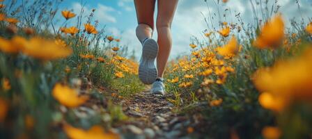 A person jogs barefoot along a gravel path surrounded by bright orange flowers under a clear blue sky. The setting captures the essence of spring and vitality. photo