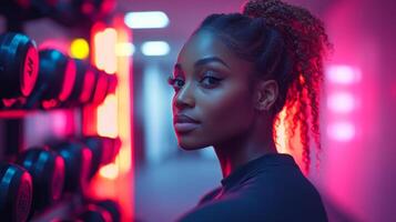 A woman with curly hair poses confidently in a well-lit gym, showcasing weights on a rack. The glowing lights create a dynamic atmosphere. photo