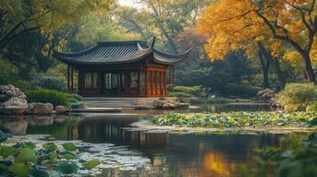 A traditional pavilion rests beside a peaceful pond adorned with lotus flowers. Autumn leaves create a colorful backdrop, reflecting the day's serene beauty as the sun sets. photo