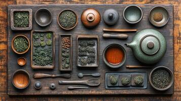 Various types of tea leaves, a teapot, and traditional utensils are meticulously arranged on a wooden surface, reflecting an inviting tea preparation atmosphere perfect for enthusiasts. photo