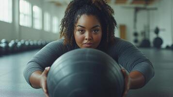A woman focuses intently while engaged in strength training, pushing a medicine ball forward on a gym floor. Natural light brightens the spacious fitness area. photo