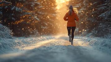 A woman is jogging along a snow-covered trail in a forest as the sun rises, casting a warm glow through the trees. Snowflakes gently fall around her. photo