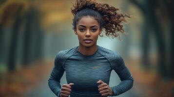 A dedicated runner exercises on a tranquil trail surrounded by vibrant autumn foliage. The atmosphere is peaceful as she maintains her focus and pace during the morning workout. photo