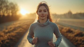 A woman runs energetically along a quiet pathway, with the soft glow of the sunrise creating a serene atmosphere. The landscape is peaceful, highlighting nature at dawn. photo