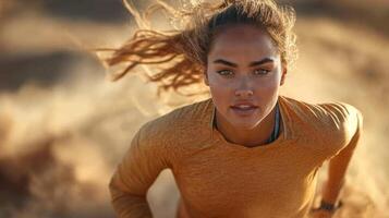 A person runs energetically in a sandy environment, wearing a bright orange top. The sun sets in the background, adding warmth to the surroundings and highlighting the runner's focus and spirit. photo