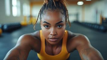 A determined woman stretches at a gym, focusing on her workout routine. The well-lit space features weights and exercise equipment, emphasizing her strength and commitment. photo