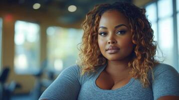 A confident woman poses at a gym with a serene expression, highlighting her commitment to fitness. Natural light fills the space, enhancing her vibrant presence and spirit. photo