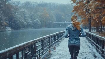 A woman jogs along a snowy path by a river, surrounded by trees with orange and yellow leaves. The snowfall creates a serene winter atmosphere as she enjoys her workout. photo