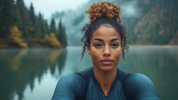 A woman sits by a tranquil lake, with mist rising from the water and autumn trees in the background. She gazes thoughtfully, embracing the peaceful atmosphere. photo
