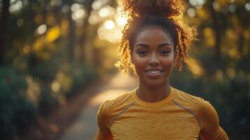 A woman with curly hair smiles while running on a forest trail, surrounded by trees and soft sunlight. She enjoys her morning workout surrounded by nature. photo