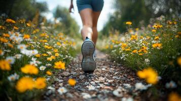 A person walks along a narrow path surrounded by colorful wildflowers under a clear blue sky. The scene captures the essence of outdoor exploration and nature's beauty. photo